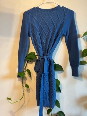 Dark Blue Knit Belted Sweater Dress